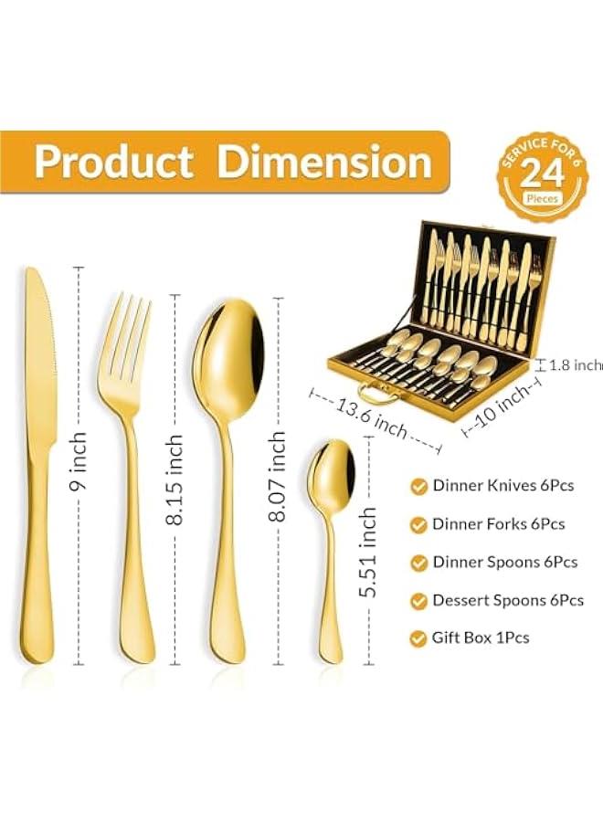 هوكور مجموعة ادوات مائدة ذهبية فاخرة من تراسل، 24 قطعة مع صندوق هدايا خشبي، مجموعة ادوات مائدة من الستانلس ستيل مع صندوق فضيات محمول، مجموعة ادوات مائدة ذهبية فاخرة - Image 3