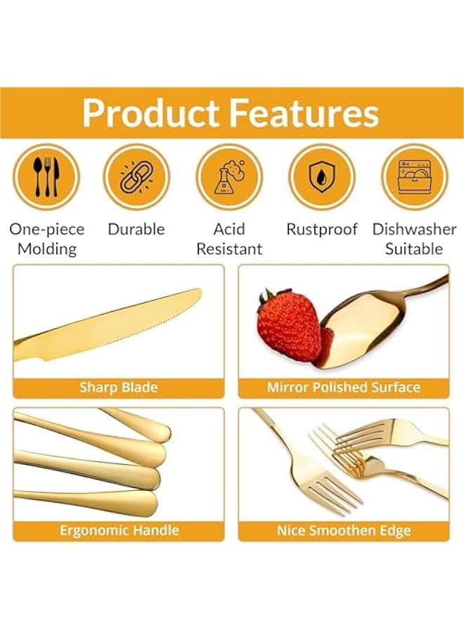 هوكور مجموعة ادوات مائدة ذهبية فاخرة من تراسل، 24 قطعة مع صندوق هدايا خشبي، مجموعة ادوات مائدة من الستانلس ستيل مع صندوق فضيات محمول، مجموعة ادوات مائدة ذهبية فاخرة - Image 4