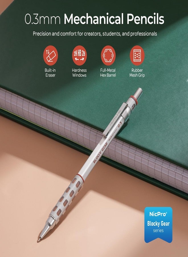 نيكبرو مجموعة أقلام رصاص ميكانيكية نيكبرو بلوكي جير 0.3 مم في علبة، قلم معدني مع عبوات رصاص قابلة لإعادة التعبئة، ممحاة للكتابة الفنية والرسم الاحترافي للكبار - Image 2