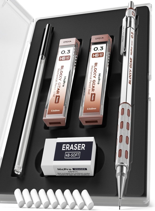 نيكبرو مجموعة أقلام رصاص ميكانيكية نيكبرو بلوكي جير 0.3 مم في علبة، قلم معدني مع عبوات رصاص قابلة لإعادة التعبئة، ممحاة للكتابة الفنية والرسم الاحترافي للكبار - Image 1