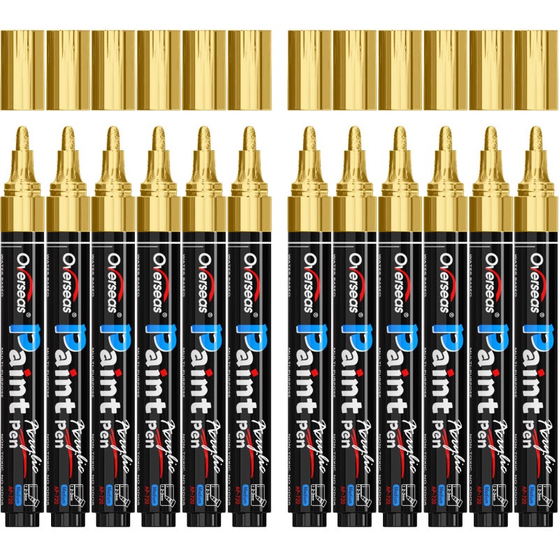 Overseas Gold Paint Pens - Permanent Acrylic Paint Markers 12 Pack, Water-Based, Quick Dry, Waterproof Marker Pen for Rock, Wood, Plastic, Metal, Canvas, Glass, Fabric, Card, Mugs. Medium Tip - Image 1