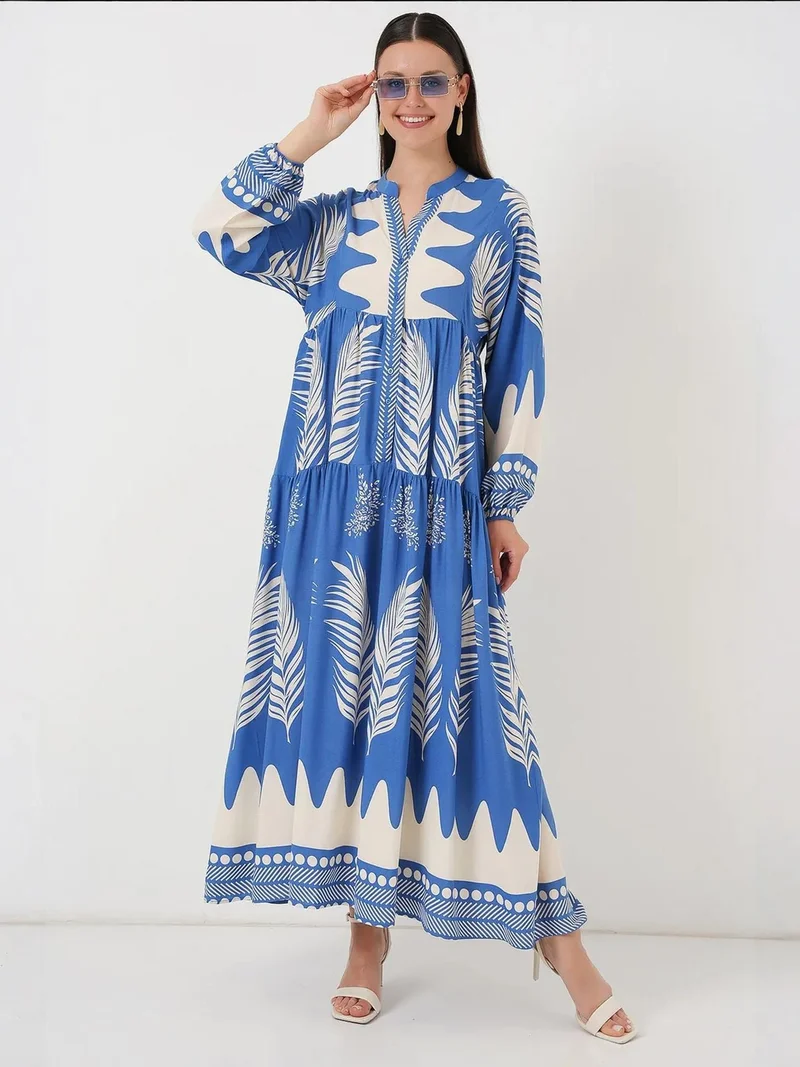 بيغ دارت فستان ماكسي بياقة على شكل حرف  بنقوش وزر إغلاق من