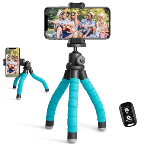 Ubeesize Portable Tripod Stand with Wireless Remote Clip Flexible Phone Holder for Video Recording Blue - Image 1