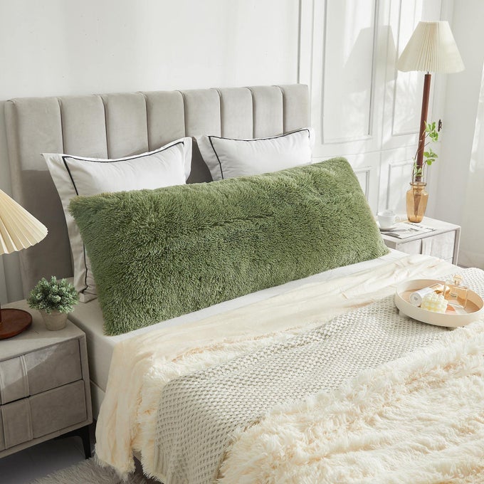 FAUX FUR BODY PILLOW COVER WITH ZIPPER CLOSURESAGE GREEN LUXURY SHAGGY ULTRA SOFT VELVET PILLOWCASE 20X54MICROFIBER LONG PILLOWSHAMS FOR SOFASBEDS AND HOME DECORATIONSAGE GREEN