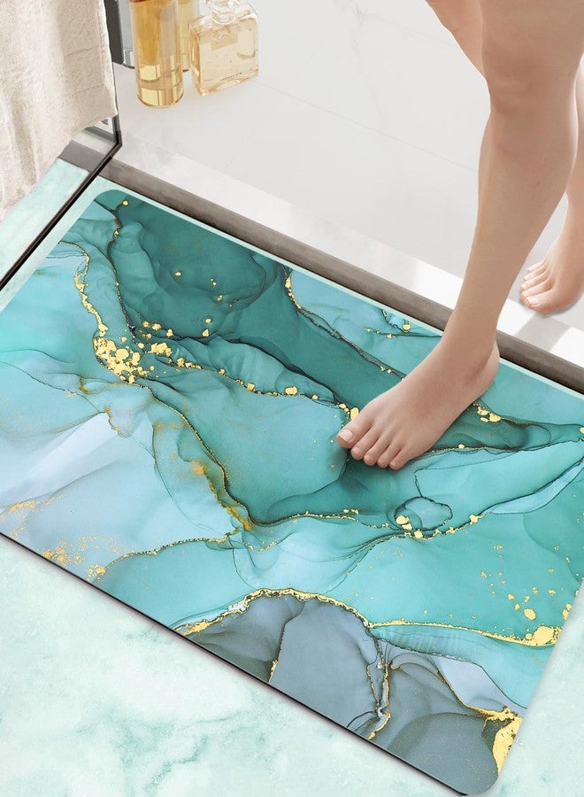 DEXI Bathroom Mat Ultra Thin, Non Slip Bath Rug for Shower Floor, Absorbent Quick Dry Marble Bathmats Low Profile, 16x24, Turquoise Green - Image 1