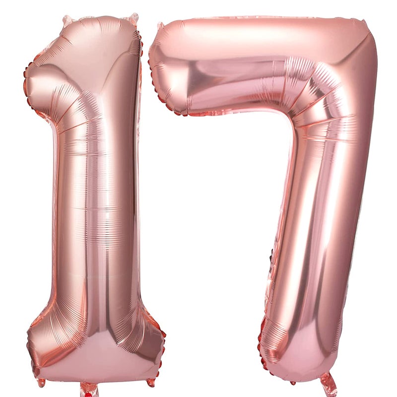 Jonhamwelbor 17 Number Balloons Rose Gold Big Giant Jumbo Number 17 or 71 Foil Mylar Balloons for 17th or 71st Women gilr Birthday Party Decorations 17 Anniversary Events Supplies - Image 2