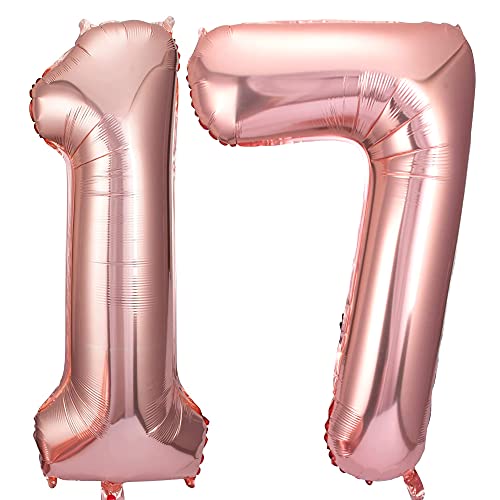 Jonhamwelbor 17 Number Balloons Rose Gold Big Giant Jumbo Number 17 or 71 Foil Mylar Balloons for 17th or 71st Women gilr Birthday Party Decorations 17 Anniversary Events Supplies - Image 1