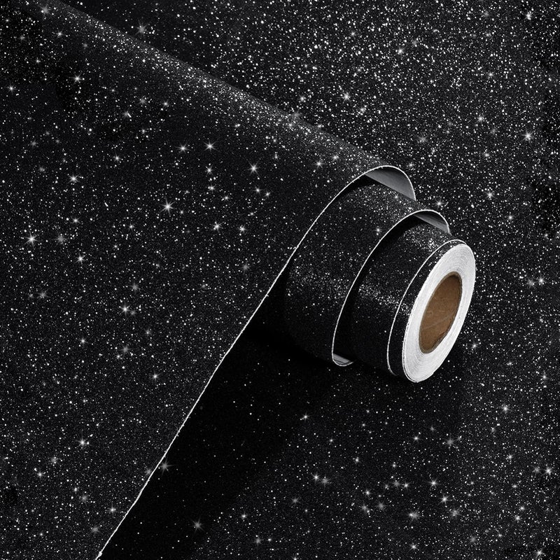 WESTICK Glitter Black Wallpaper Peel and Stick Sparkle Black Contact Paper Self Adhesive Removable Dark Glitter Peel and Stick Wallpaper for Bedroom Accent Wall Cabinets Patery Decoration DIY 12x80