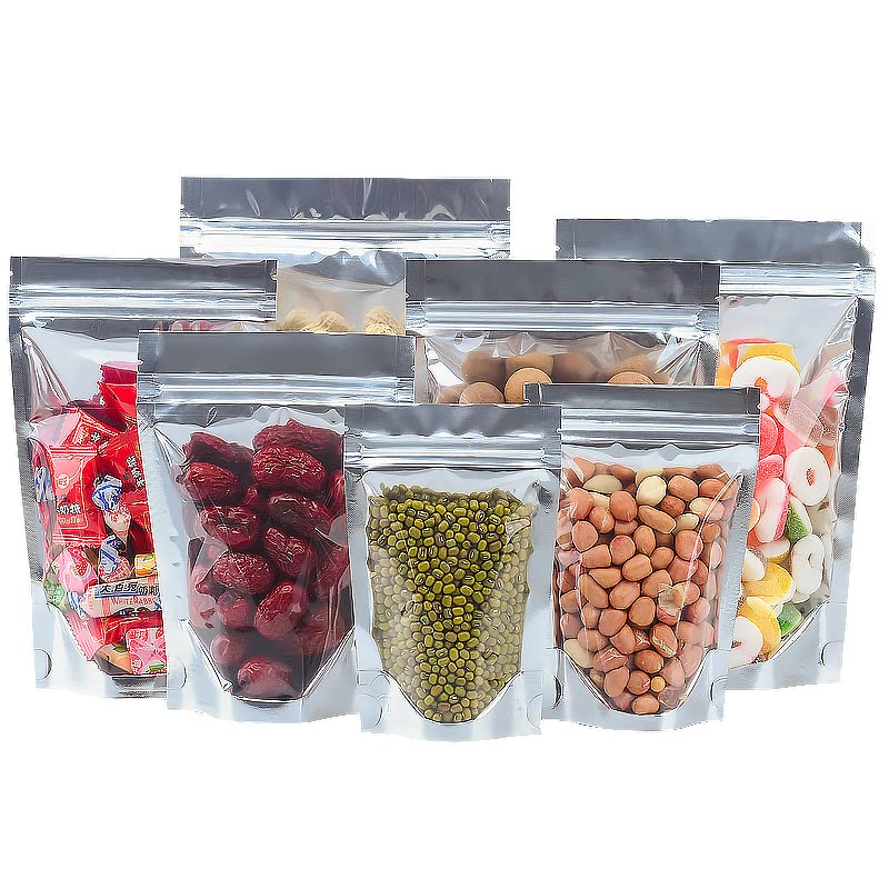 Adaamya® - Transparent Front/Silver Back Food grade Storage Standup Standee Pouches with Zipper - Pack of 50 Pcs (1 kg (18 X 26 Cm)) - Image 1