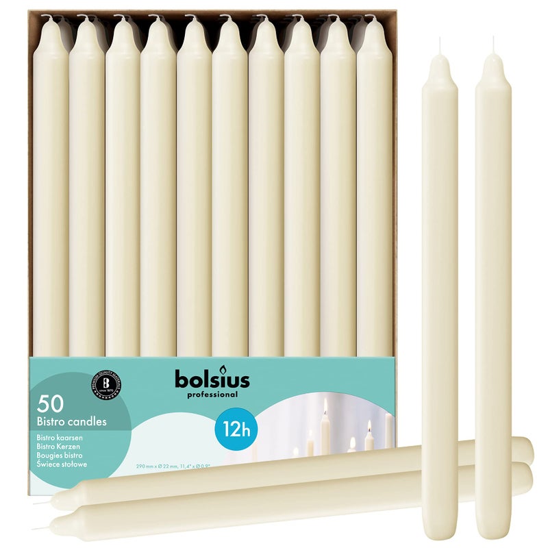 BOLSIUS Ivory Candlesticks Bulk Pack 50 Count Unscented Dripless 115 Inch Household Dinner Candle Set 12 Hours Premium European Quality Consistent Smokeless Flame 100 Cotton Wick