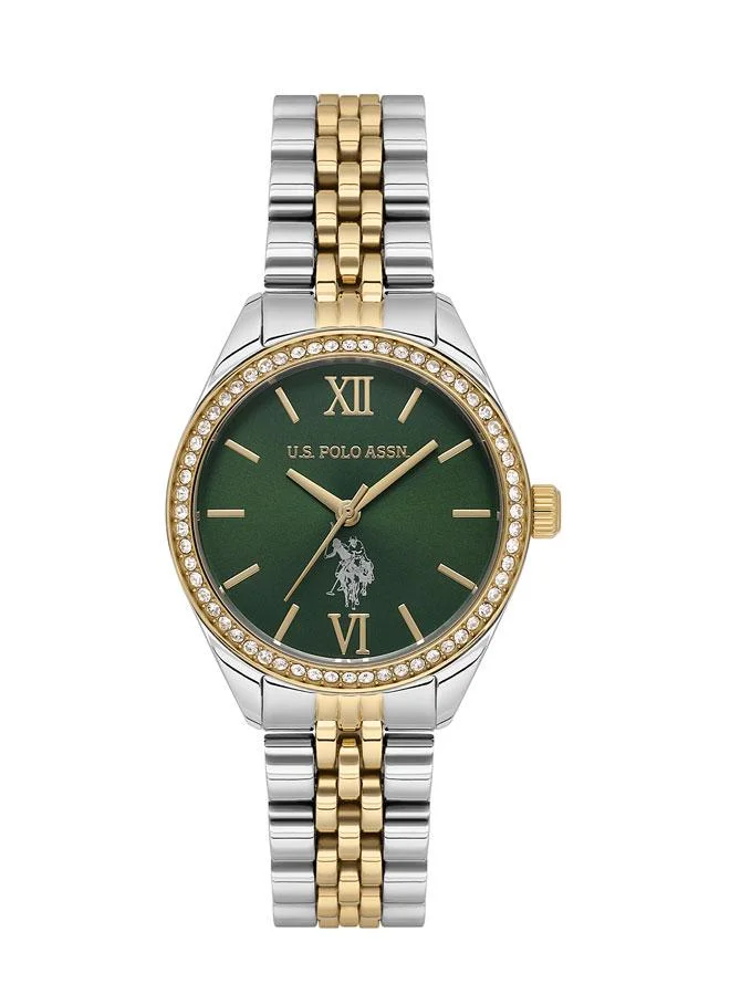 U.S. Polo Assn. U.S. Polo Assn. Stile Ladies' 30mm Watch with Forest Green Dial & Diamond-Adorned Bezel on Two-Tone Stainless Steel Band - USPA2085-07, Elegant Timepiece for Fashion-Forward Women