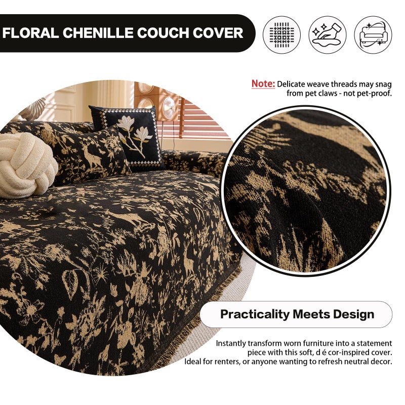 DREAMINGO Black Vintage Couch Cover Botanical Deer Jacquard Sofa Covers for 3 Cushion Couch Washable Chenille Furniture Protector Throw Slipcovers for 3 Seat Sectional Sofa, X-Large 71"x134" - Image 3