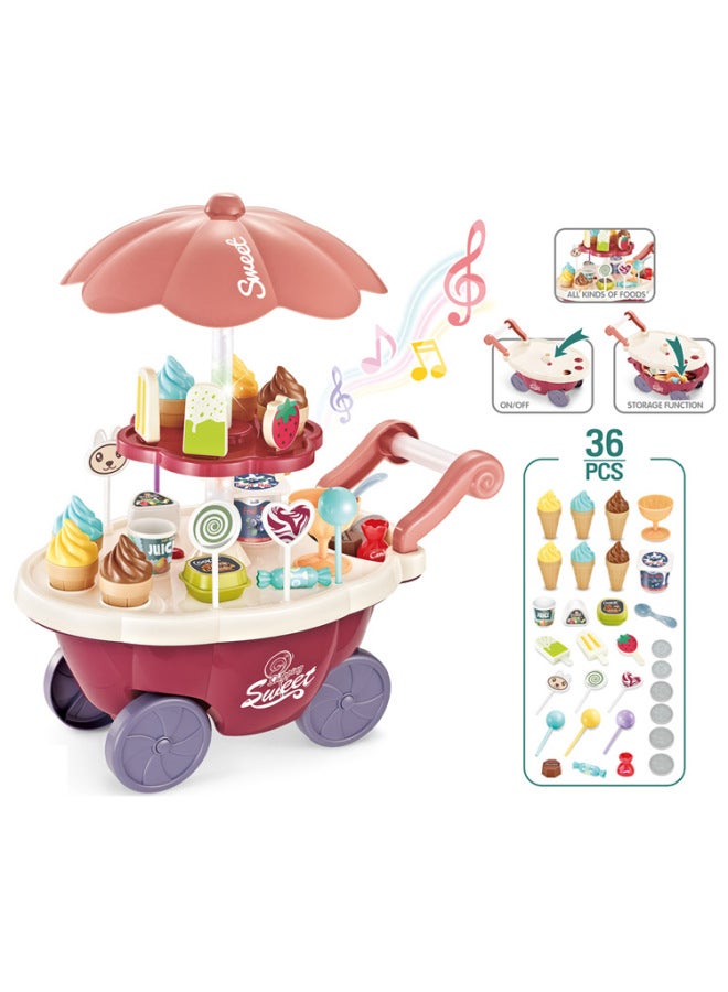 JC Children's Simulation Mini Candy Cart Ice Cream Car Lights Music Tableware Cart Set Play House Toys - Image 1