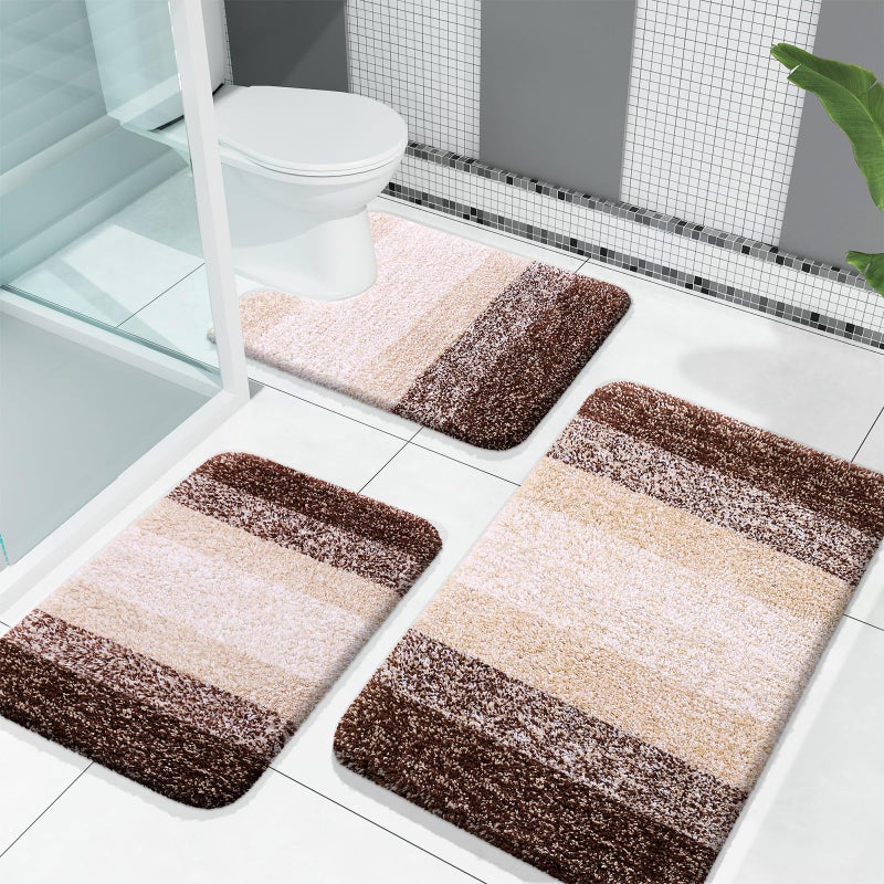 OLANLY Bathroom Rugs Sets 3 Piece  Soft Absorbent Microfiber Bath Rugs and U-Shaped Contour Toilet Rug Area Rug Set  Non-Slip Bath Carpet  Home Decor Accessories  Bath Mat Set for Bathroom  Brown - Image 1