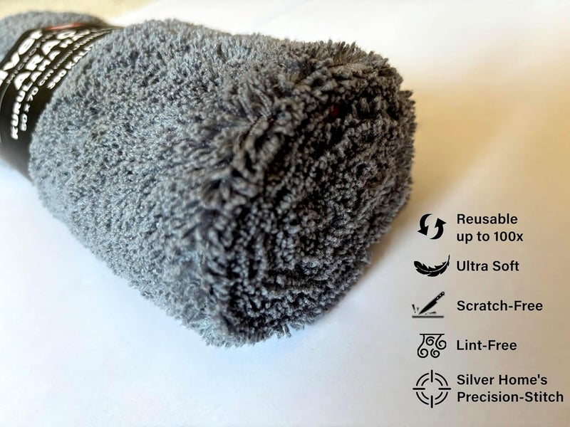 Silver Home Silver-Home® Professional Super Absorbent Car Cleaning & Drying Towel | Large 50x70 cm | Ultra-Soft Microfiber | Premium Streak-Free Finish | Reusable for Car, Glass, and Home Cleaning | Grey - Image 3