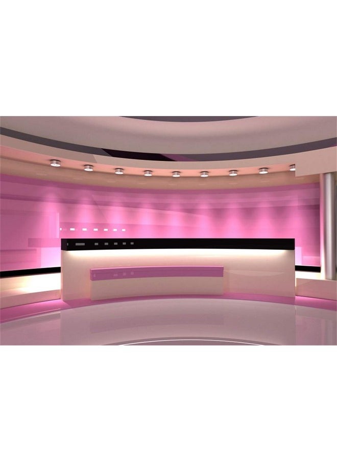 Leyiyi 7X5Ft News Broadcast Hall Backdrop Recetation Desk Modern Office Interior Front Table Tv Show Neon Light Photo Background Business Study Decor Adults Portrait Studio Prop Vinyl Wallpaper  - Image 1