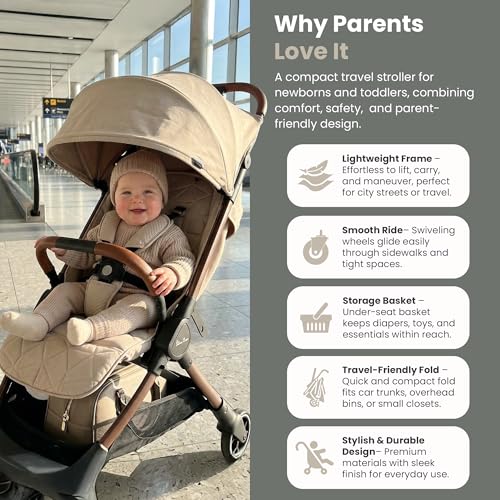 Silver Cross Clic Compact Travel Stroller – (Latte) – Lightweight Baby Stroller for Airplane Travel – One-Hand Fold, Lie-Flat Infant & Toddler Seat – Birth to 55 lb - Image 2