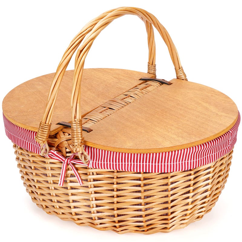 ZORMY Wicker Picnic Basket with Liner Wooden Split Lid Picnic Basket VintageStyle Wicker Picnic Hamper with Folding Woven Handle for Picnic Camping Outdoor Valentine Day Thanks Giving Birthday Red 