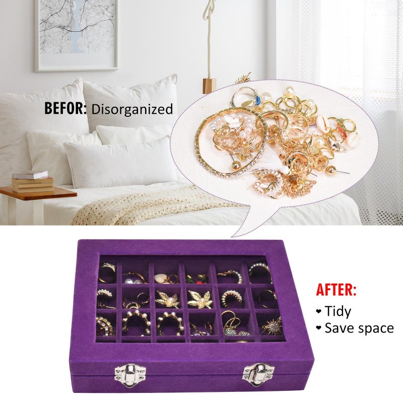 Vicoter Velvet Jewelry Box 24 Grid Jewelry Ring Display Organiser Box Tray Holder Earrings Storage Case for Girls Wife Mom Women (Purple) - Image 5