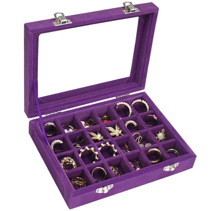 Vicoter Velvet Jewelry Box 24 Grid Jewelry Ring Display Organiser Box Tray Holder Earrings Storage Case for Girls Wife Mom Women (Purple) - Image 1