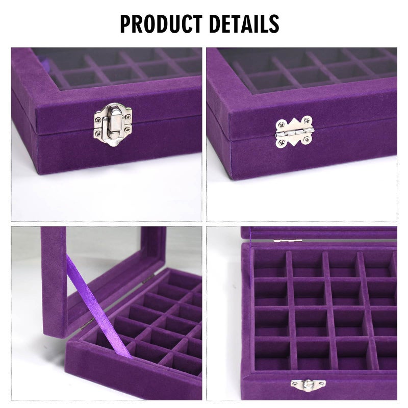 Vicoter Velvet Jewelry Box 24 Grid Jewelry Ring Display Organiser Box Tray Holder Earrings Storage Case for Girls Wife Mom Women (Purple) - Image 4