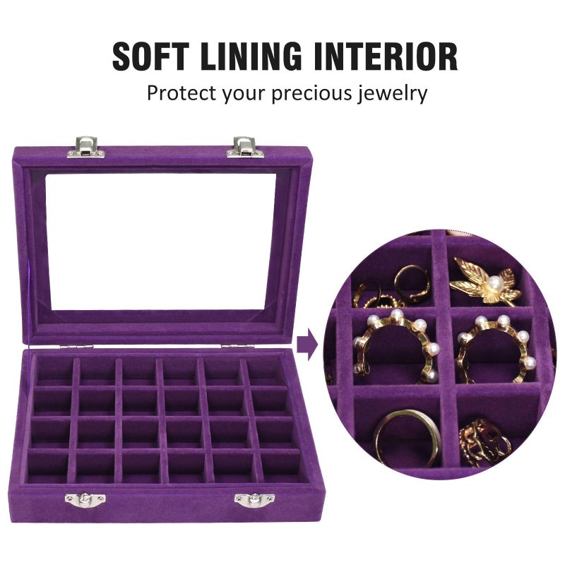 Vicoter Velvet Jewelry Box 24 Grid Jewelry Ring Display Organiser Box Tray Holder Earrings Storage Case for Girls Wife Mom Women (Purple) - Image 3