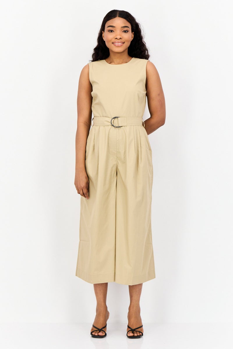 ESPRIT Women Solid Sleeveless Belted Jumpsuit, Tan - Image 1