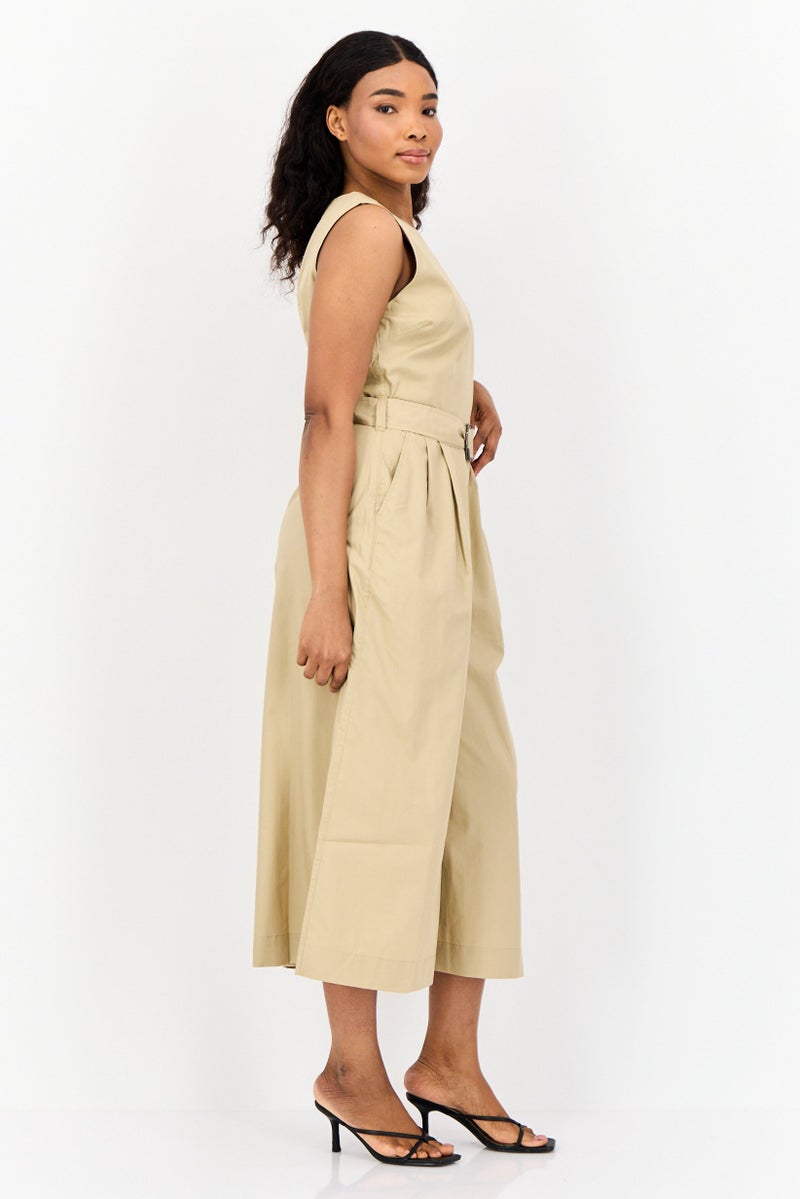 ESPRIT Women Solid Sleeveless Belted Jumpsuit, Tan - Image 3