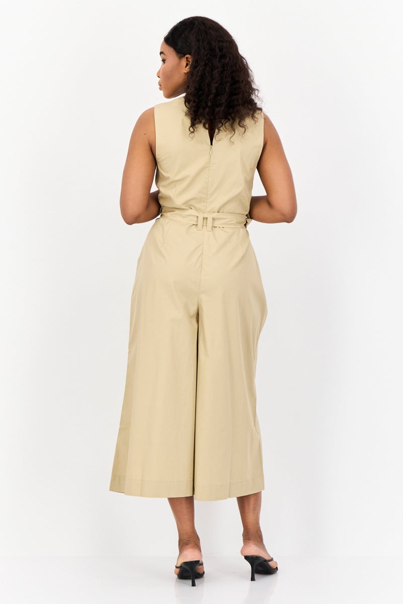 ESPRIT Women Solid Sleeveless Belted Jumpsuit, Tan - Image 4