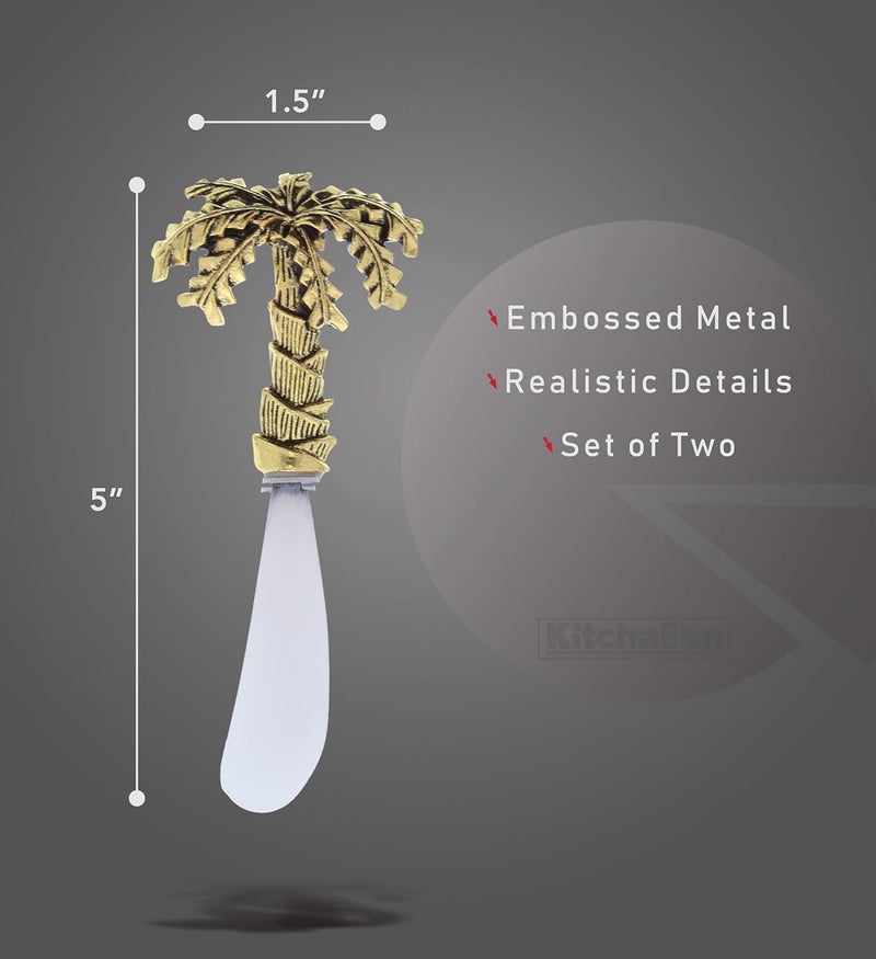 KitchaBon Gold Stainless Steel Dip & Cheese Spreader, Condiment & Butter Spreader Utensils For Appetizer Spread, Metal Cheese Spreaders Kitchen Set of 2-4.75" - Palm Tree - Image 2