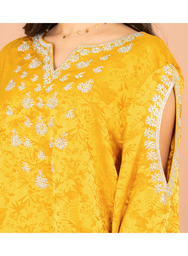 IKKXA Classic Printed Jalabiya Cold Shoulder Crystal Designs IK601 Yellow