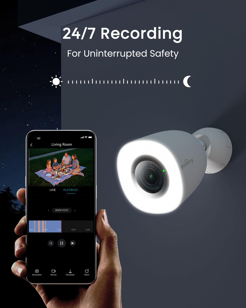 youkey 4K Wired Security Camera Outdoor, F1.0 Color24 Night Vision, Plug-in Cameras for Home Security Outside, 24/7 Continuous Recording, 130Â°FOV, 2.4/5GHz WiFi 6, Bluetooth Pairing, No Monthly Fees - Image 5