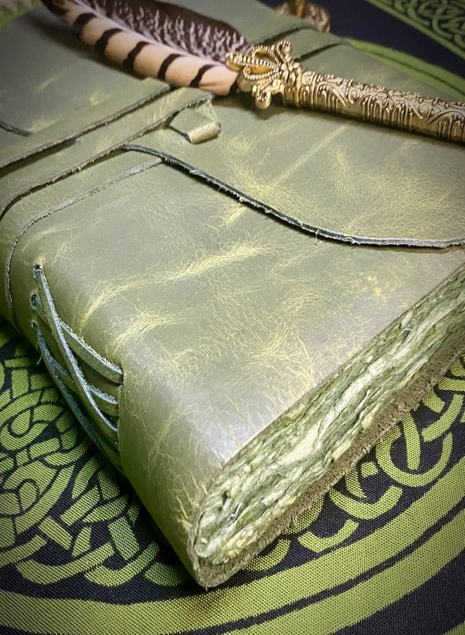 Modest Goods Vintage Green Leather Journal - 200 pages Deckle Edge Rustic Paper - Unlined Pages Book of Shadows, Grimoire, Junk Notebook, Fantasy Medieval Gifts, Sketchbook, Antique Scrapbook (Earthy Green, 7"x5") - Image 3