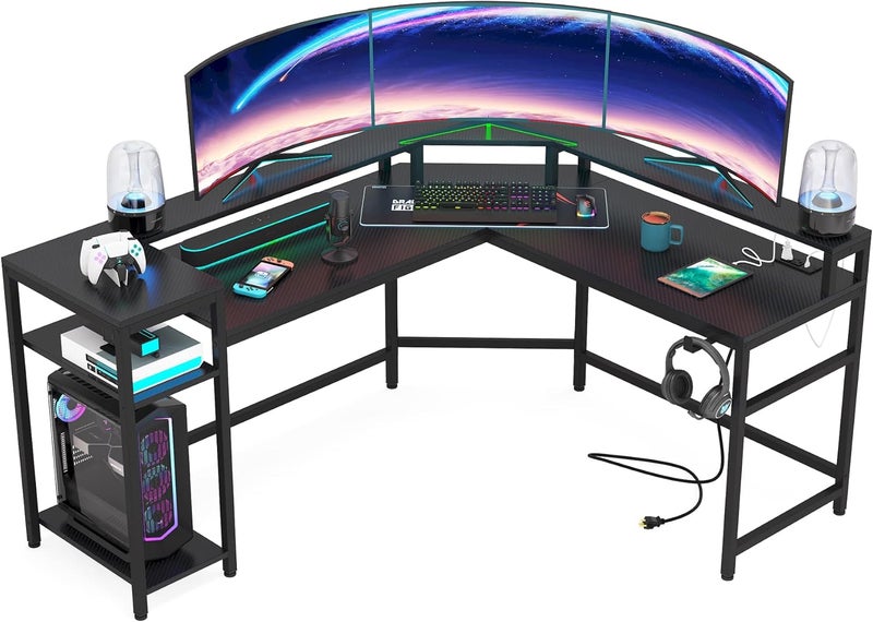 Tribesigns L-Shaped Gaming Desk with Power Outlets & LED Strips, L-Shaped Computer Desk with Storage Shelves, Corner Gaming Desk with Monitor Stand, Black Modern Writing Desk Home Office, Game Room - Image 1