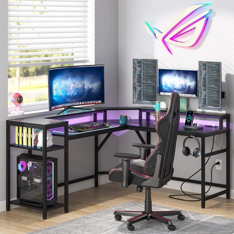 Tribesigns L-Shaped Gaming Desk with Power Outlets & LED Strips, L-Shaped Computer Desk with Storage Shelves, Corner Gaming Desk with Monitor Stand, Black Modern Writing Desk Home Office, Game Room - Image 4