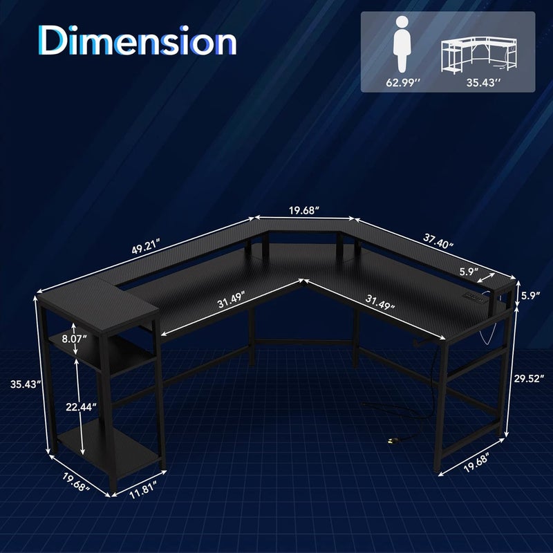 Tribesigns L-Shaped Gaming Desk with Power Outlets & LED Strips, L-Shaped Computer Desk with Storage Shelves, Corner Gaming Desk with Monitor Stand, Black Modern Writing Desk Home Office, Game Room - Image 3