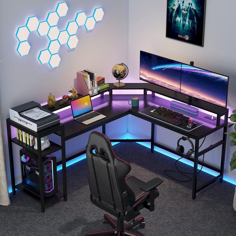 Tribesigns L-Shaped Gaming Desk with Power Outlets & LED Strips, L-Shaped Computer Desk with Storage Shelves, Corner Gaming Desk with Monitor Stand, Black Modern Writing Desk Home Office, Game Room - Image 5