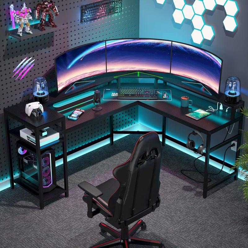 Tribesigns L-Shaped Gaming Desk with Power Outlets & LED Strips, L-Shaped Computer Desk with Storage Shelves, Corner Gaming Desk with Monitor Stand, Black Modern Writing Desk Home Office, Game Room - Image 2
