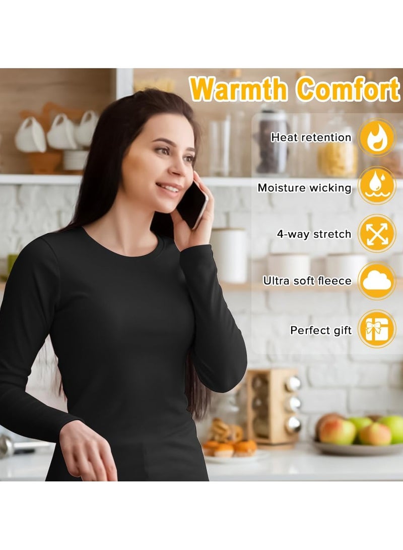 ياكيتر ملابس داخلية حرارية مبطنة بالصوف للنساء مجموعة بيجامة طبقة قاعدة للطقس البارد مناسبة للاستخدام اليومي والارتداء المنزلي أسود - Image 5