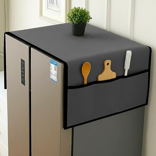 Fancy Walas Refrigerator Double Door Waterproof, Dustproof, Refrigerator Top Cover, Protective Covers for Fridges with Extra Storage Space Nylon Top Cover with 6 Storage Pockets ( Grey, 170 x 65 cm ) - Image 1