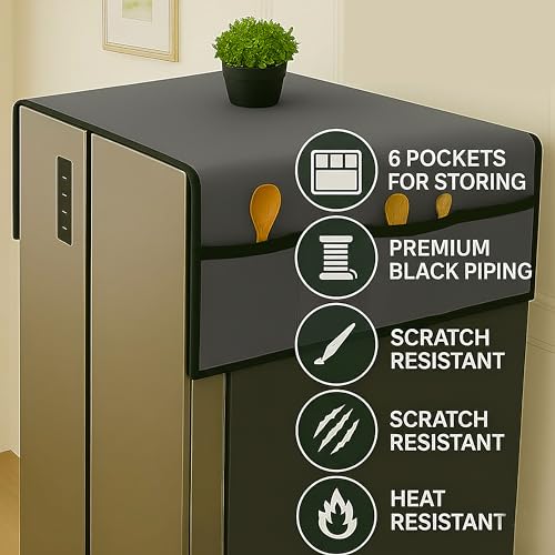 Fancy Walas Refrigerator Double Door Waterproof, Dustproof, Refrigerator Top Cover, Protective Covers for Fridges with Extra Storage Space Nylon Top Cover with 6 Storage Pockets ( Grey, 170 x 65 cm ) - Image 4