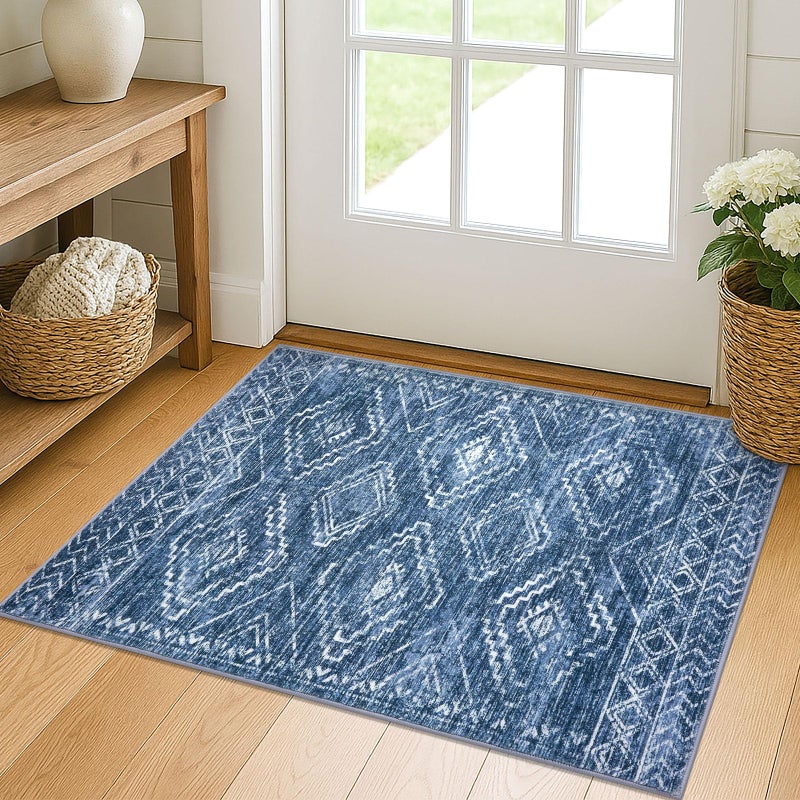 KILOCOCO Entryway Rug 2x3 Small Washable Rug Door Mat Indoor Soft Non Slip Printed Blue Kitchen Rugs for Bedroom Entry Front Door Geometric Boho Throw Rugs, Stonewashed Blue - Image 1
