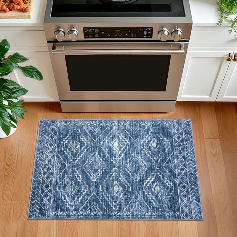 KILOCOCO Entryway Rug 2x3 Small Washable Rug Door Mat Indoor Soft Non Slip Printed Blue Kitchen Rugs for Bedroom Entry Front Door Geometric Boho Throw Rugs, Stonewashed Blue - Image 2