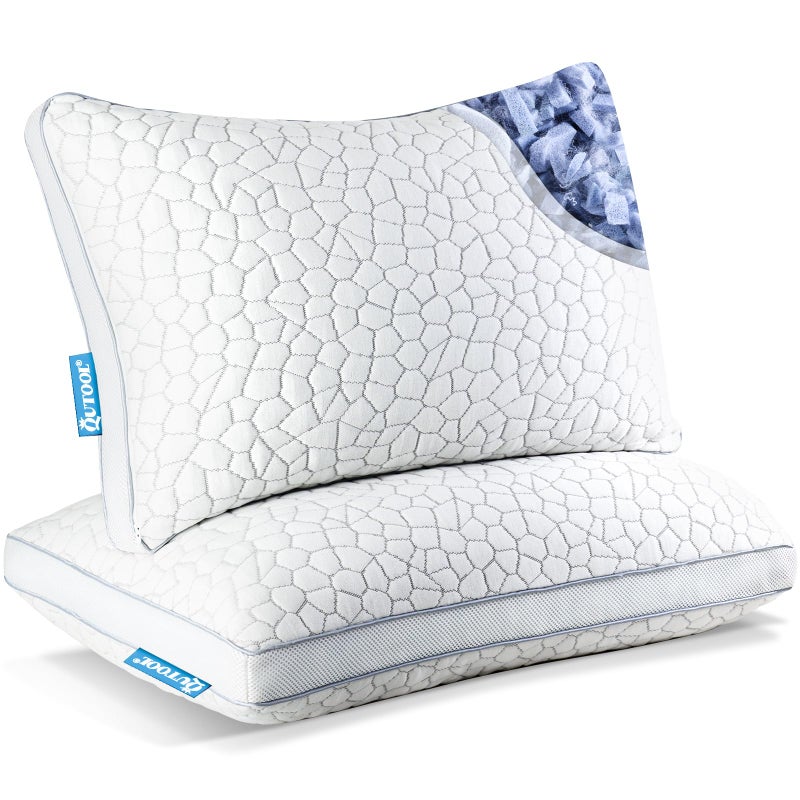 QUTOOL Shredded Memory Foam Pillows 2 Pack, Rayon Derived from Bamboo Pillows Queen Size Set of 2, Cooling Gel Pillows for Sleeping, Adjustable Pillows for Side Stomach and Back Sleepers with Washable Cover - Image 1