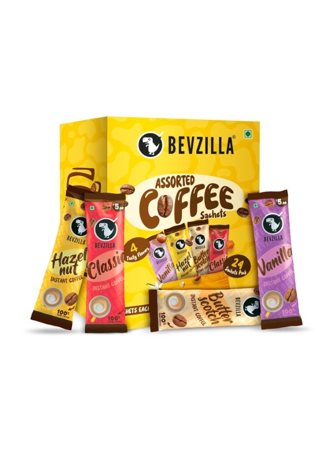 Bevzilla 24 Assorted Instant Coffee Sachets | 24x2Gm Pouches | Arabica Coffee | 4 Flavours: Butterscotch, Classic, Vanilla, Hazelnut | Perfact for Espresso, Latte & Cappucino - Image 1
