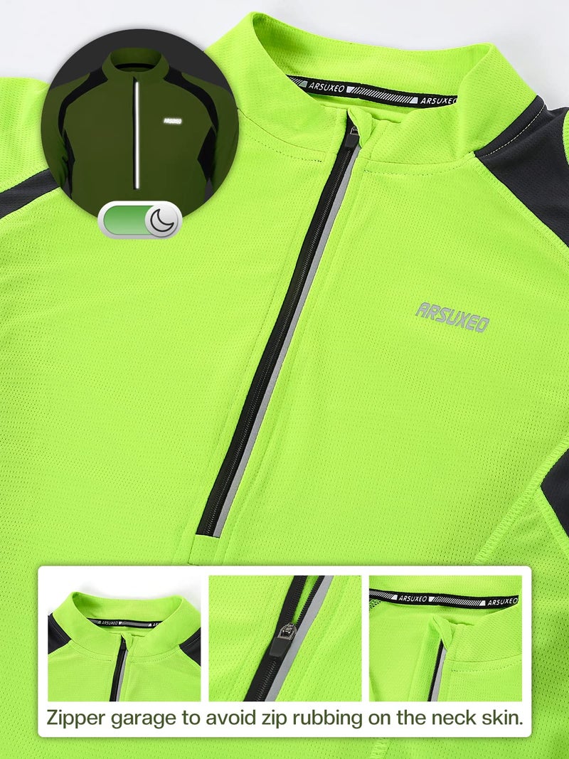 ARSUXEO Men's Half Zipper Cycling Jerseys Long Sleeves MTB Bike Shirts 6031 Green Size XX-Large - Image 2