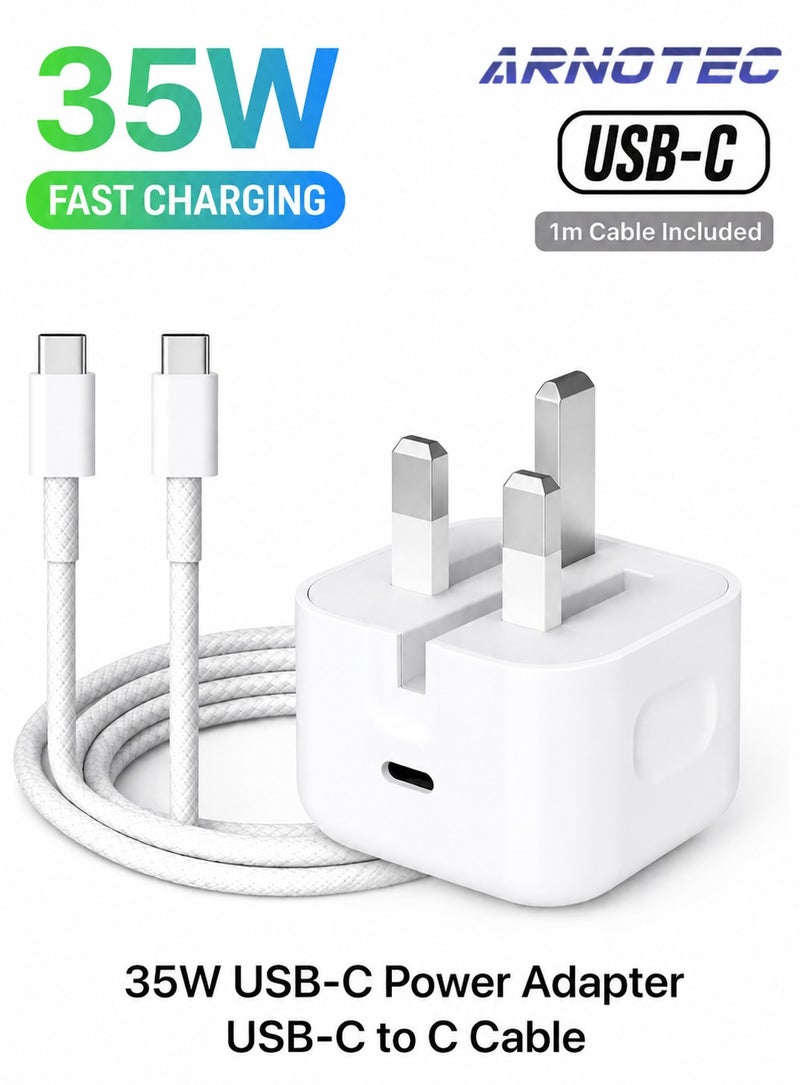 ARNOTEC 35W USB-C PD Fast Wall Charger UK Plug with 1m USB-C to C Cable – Compatible with iPhone 17 / 16 / 15 Series, iPad, Samsung, Android Devices - Image 1