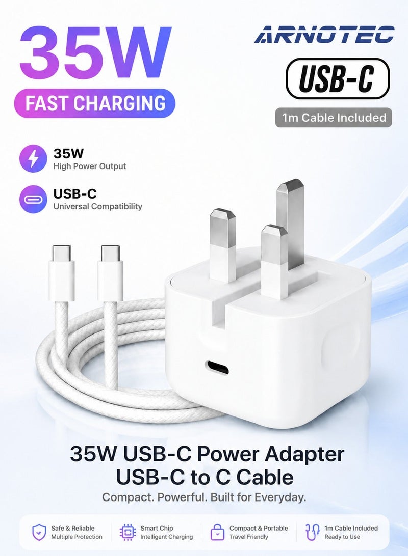 ARNOTEC 35W USB-C PD Fast Wall Charger UK Plug with 1m USB-C to C Cable – Compatible with iPhone 17 / 16 / 15 Series, iPad, Samsung, Android Devices - Image 1