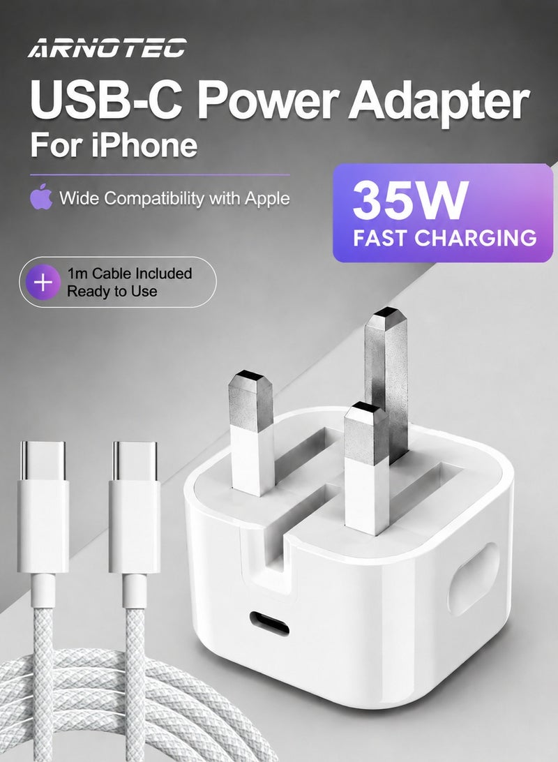 ARNOTEC شاحن حائط سريع 35 واط USB-C PD مع قابس المملكة المتحدة وكابل USB-C إلى C بطول 1 متر – متوافق مع سلسلة iPhone 17 / 16 / 15، iPad، سامسونج، أجهزة أندرويد - Image 1