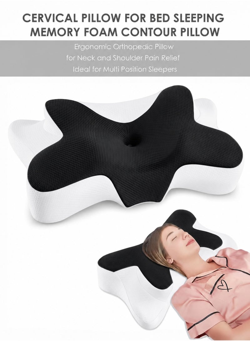 Memory Cervical Foam Pillow Ergonomic Medical Orthopedic Physiotherapy Sleeping Support  Butterfly-Shaped Pillow for Neck and Shoulder Pain Relief Relaxing Contour Bed Pillow for Side Back and Stomach Sleepers Washable Breathable Cover Pillowcase - Image 1